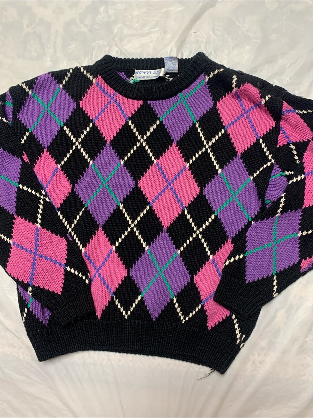 Northern Isles Petites Vintage 90s Pink Purple Argyle Crewneck Sweater Sz L